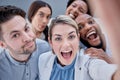 Business, people and funny portrait selfie of teamwork, faces and motivation of corporate friends. Diversity group of