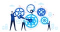 Business people with gears. Team working together turning gears. Teamwork, work organization, cooperation, business