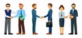 Business people greet set. Joyful businessmen conclude with handshake successful professional partnership and lucrative Royalty Free Stock Photo