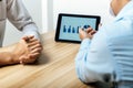Business people group discussing financial graph chart on mobile tablet together on desk in meeting room office Royalty Free Stock Photo