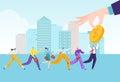 Business people group run to huge businessman hand with finance concept, vector illustration. Cartoon man woman happy Royalty Free Stock Photo