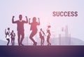 Business People Group Silhouette Excited Hold Hands Up Raised Arms, Businesspeople Concept Winner Success Royalty Free Stock Photo