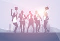 Business People Group Silhouette Excited Hold Hands Up Raised Arms, Businesspeople Concept Winner Success Royalty Free Stock Photo