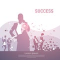 Business People Group Silhouette Excited Hold Hands Up Raised Arms, Businesswoman With Medal Winner Success Royalty Free Stock Photo