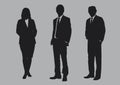Business people group silhouettes pose on grey colour background, flat line vector and illustration. Royalty Free Stock Photo