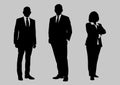 Business people group silhouettes pose on grey color background, flat line vector and illustration.