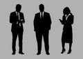 Business people group silhouettes pose on grey colour background, flat line and illustration.