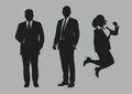 Business people group silhouettes pose on grey colour background, flat line vector and illustration.