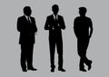 Business people group silhouettes pose on grey colour background, flat line vector and illustration.