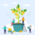 Business people grow plant in pot and collecting golden coins
