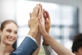 Business people, hands and high five in meeting for motivation, trust or team collaboration together at office. Group Royalty Free Stock Photo