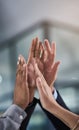 Business people, hands and high five for teamwork, success or winning together at office. Group touching hand in team Royalty Free Stock Photo