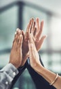 Business people, hands and high five for winning, teamwork or success together at office. Group touching hand in team Royalty Free Stock Photo