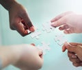 Business people, hands and puzzle piece for problem solving as teamwork, project planning or brainstorming. Fingers Royalty Free Stock Photo