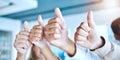 Business people, hands and thumbs up in agreement for good job, winning or teamwork success at the office. Closeup of Royalty Free Stock Photo