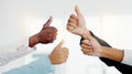 Business people, hands and thumbs up in teamwork success, good job or agreement at the office. Hand of group showing Royalty Free Stock Photo