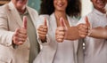 Business people, hands and thumbs up for winning, team or agreement in good job at the office. Group of employee workers Royalty Free Stock Photo