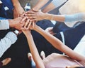 Business people, hands together and office worker group with support, motivation and solidarity gesture. Above, hand in Royalty Free Stock Photo