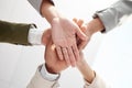 Business people, hands together and solidarity with team support, low angle and motivation in office. Success Royalty Free Stock Photo