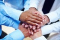 Business people, hands together and teamwork for motivation, unity or collaboration at office. Group of employees piling Royalty Free Stock Photo