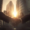 Business people handshake in the City. Back sunset light.