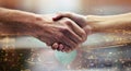 Business people, handshake and city overlay, welcome and thank you of people in collaboration. Double exposure, success Royalty Free Stock Photo