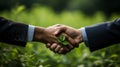 Business people handshake of commitment to reduce carbon to net zero by 2050. AI Generated