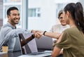 Business people, handshake and deal in meeting for unity, teamwork and partners for merger. Colleagues, welcome and Royalty Free Stock Photo