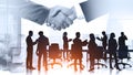 Business people handshake, double exposure of conference room Royalty Free Stock Photo