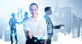 Business people handshake and icons with hologram of data security Royalty Free Stock Photo