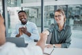 Business people, handshake and interview in celebration for recruitment, hiring and employment at the office. Happy Royalty Free Stock Photo