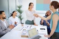 Business people, handshake and meeting applause for partnership, onboarding and thank you or congratulations. Happy Royalty Free Stock Photo