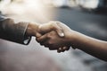 Business people, handshake and meeting in city for b2b, partnership or introduction and greeting outdoors. Hand of Royalty Free Stock Photo