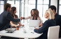 Business people, handshake and meeting in team strategy, partnership or collaboration at office conference. Woman Royalty Free Stock Photo