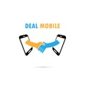 Business people handshake through mobile phone. Businesspeople s