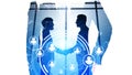 Business people handshake, network hologram icons and panoramic windows Royalty Free Stock Photo