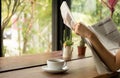 Business people having coffee and reading newspaper