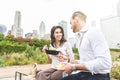 Business people having lunch at park in Chicago Royalty Free Stock Photo