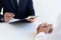 Business people hold resume documents, interviews for the work experience of young men applying as financial accountants for the c Royalty Free Stock Photo