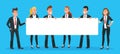 Business people holding banner. Man and woman office workers in suits and ties with blank signboard for text Royalty Free Stock Photo