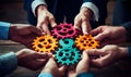 Business People holding Gears and Teamwork Concept, Business team connect pieces of gears. Teamwork, partnership and integration c Royalty Free Stock Photo