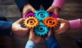 Business People holding Gears and Teamwork Concept, Business team connect pieces of gears. Teamwork, partnership and integration c Royalty Free Stock Photo