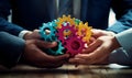 Business People holding Gears and Teamwork Concept, Business team connect pieces of gears. Teamwork, partnership and integration c Royalty Free Stock Photo