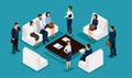 Business people isometric set of men and women in corporate attire meeting, brainstorming isolated on a blue background vector Royalty Free Stock Photo