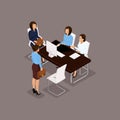 Business people isometric set of women, dialogue, brainstorming in the office isolated on dark background vector illustration