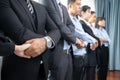 Business people joining hand together and standing in line. Meticulous Royalty Free Stock Photo