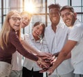 Business people joining hands in the office. concept of teamwork and partnership. double exposure Royalty Free Stock Photo