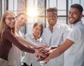 Business people joining hands in the office. concept of teamwork and partnership. double exposure Royalty Free Stock Photo