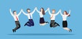 Business people jump together, holding hands. Illustration of a team of happy workers on a blue background. Royalty Free Stock Photo