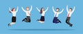 Business people jump together. Illustration of a team of happy workers on a blue background.